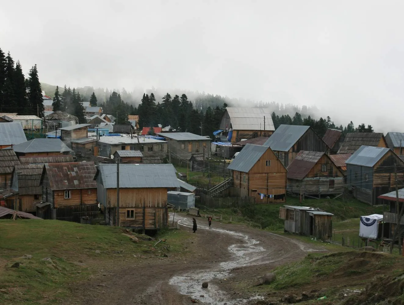 Wooden summer cottages on the green slopes of Beshumi