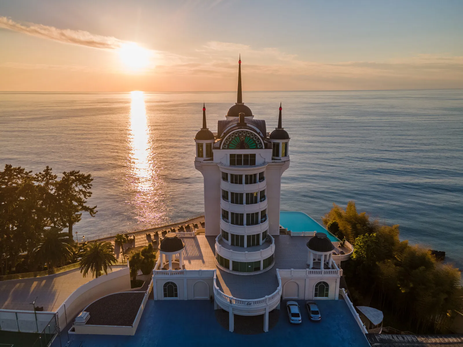 Castello Mare resort tower on the cliff above the Black Sea at sunset