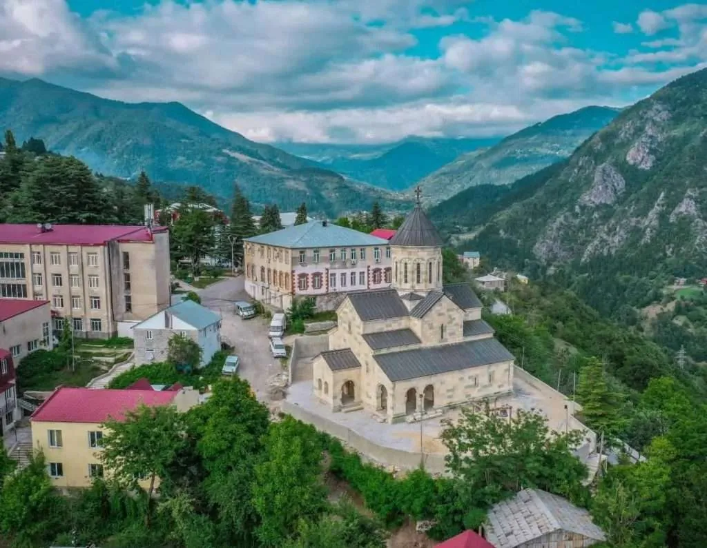 Khulo town from above, with the church and the mountains behind