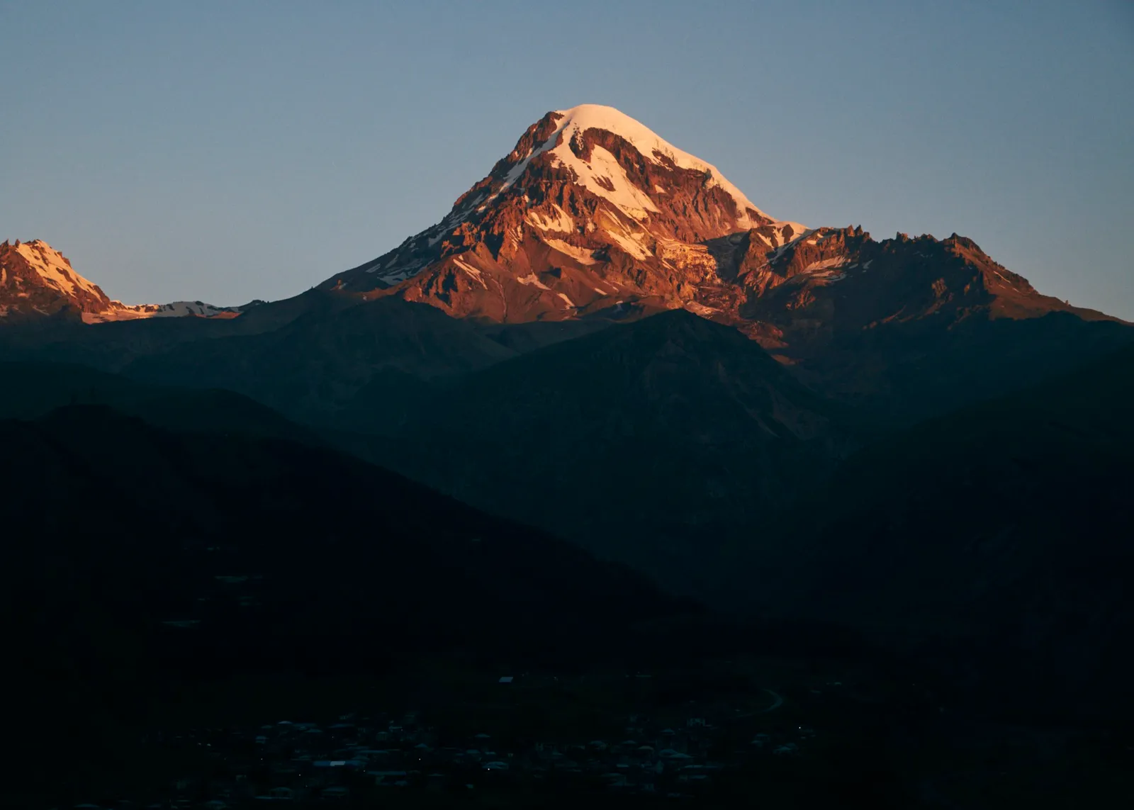 Mount Kazbek at sunset, the view from Rooms Kazbegi