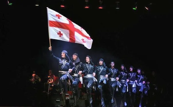 Dancers of the Sukhishvili Georgian National Ballet performing the war dance Khorumi