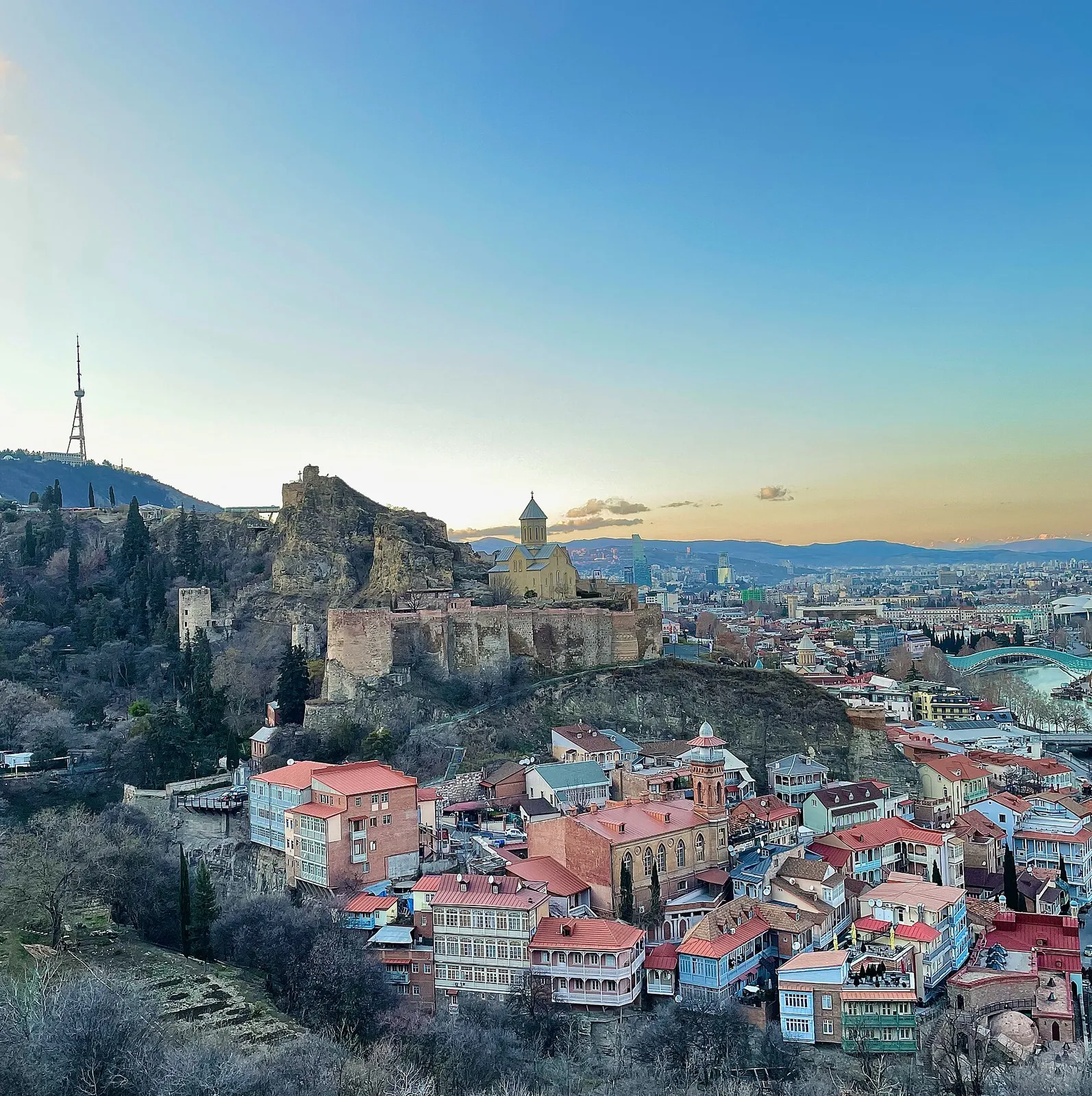 Narikala fortress and the old town of Tbilisi at dusk