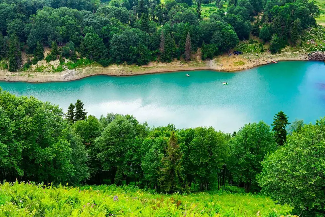 Green Lake from above, a turquoise lake in forest and meadow
