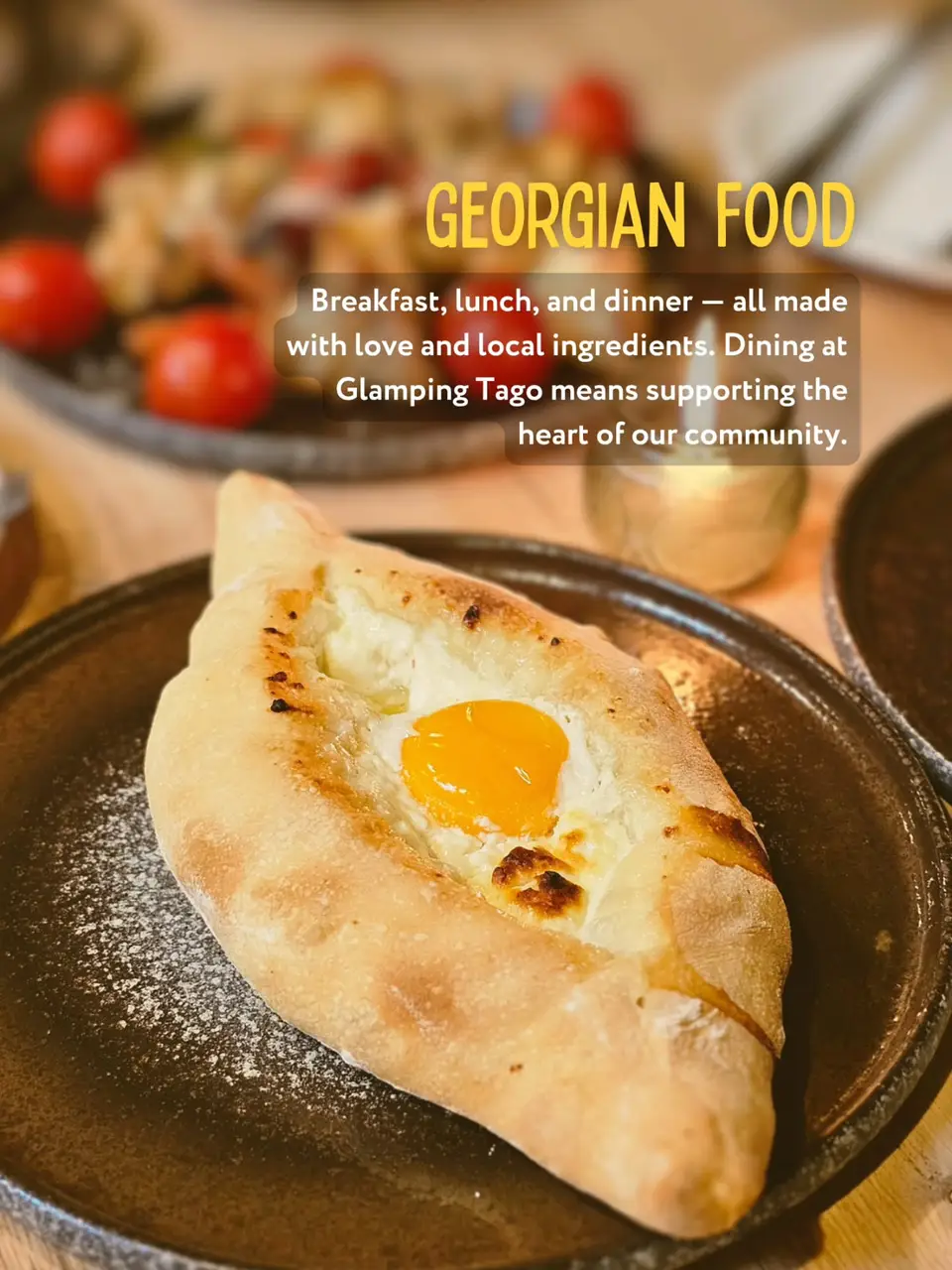 Boat-shaped Adjaran khachapuri with cheese and an egg yolk on a dark plate