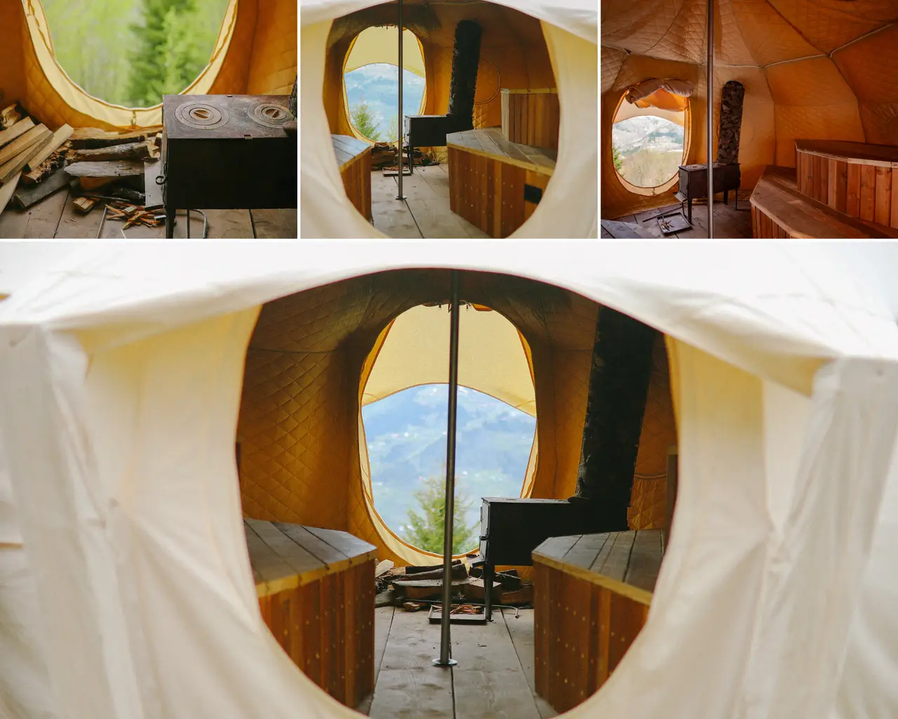 Inside the sauna tent at Glamping Tago: wooden benches, a wood stove and a mountain view