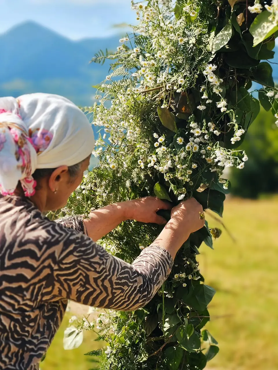 A florist decorating a wedding arch with white flowers and greenery, mountains behind