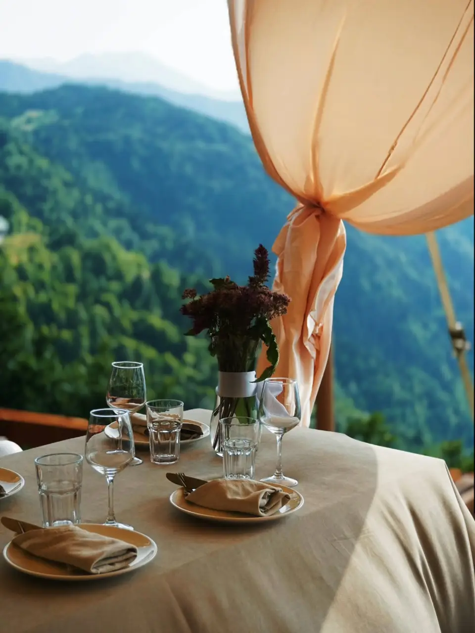 An outdoor dinner table with plates, glasses and flowers overlooking green mountains